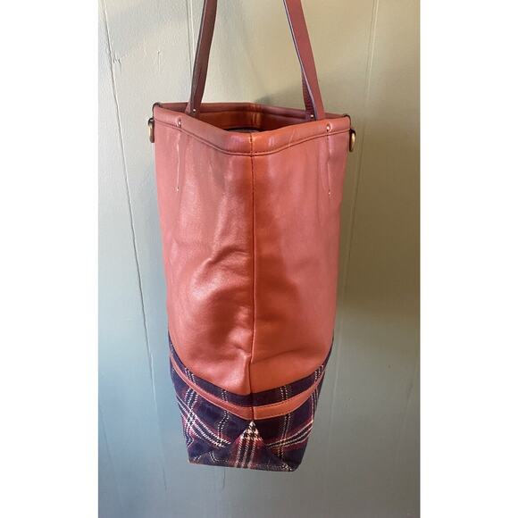 Brooks Brothers 2pc Tote & Wristlet Tan Leather Plaid Tartan Double Shoulder Bag - Picture 5 of 15